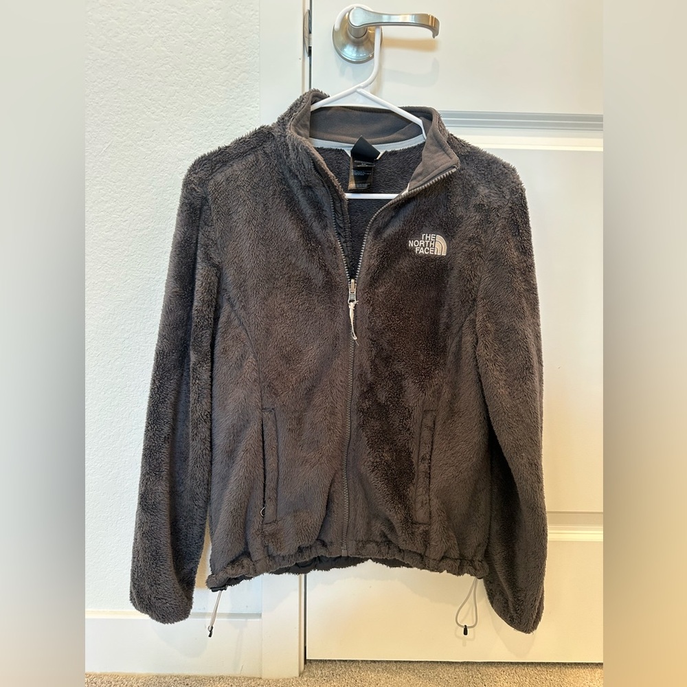 Dark grey fuzzy north face jacket